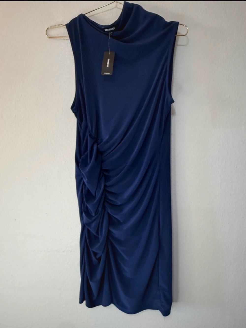 Express Navy Sleeveless Ruched Midi Dress